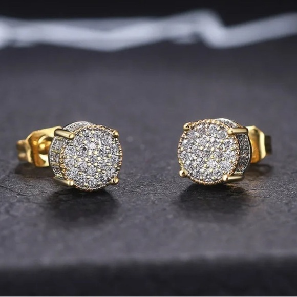 New Micro Pave Diamond Stud Gold Sterling Earrings - Picture 1 of 9